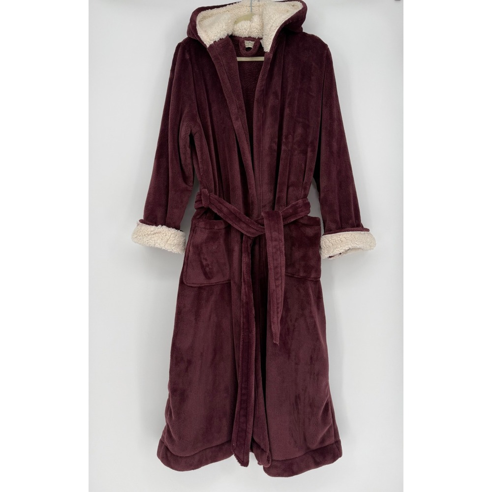 L.L. Bean Women's Size Large Wicked Plush Hooded Robe Dark Plum Burgundy Pockets
